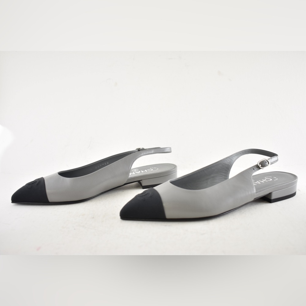 Chanel 24A Gray Leather Black CC Logo Coco Slingback Pointed Toe Ballet Flat 36c - Picture 14 of 16